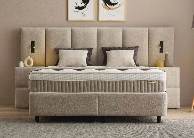 Casa Padrino Luxus Boxspringbett mit hohem Wandkopfteil und Leseleuchten Taupe 160 x 200 cm - Luxus Schlafzimmer Möbel