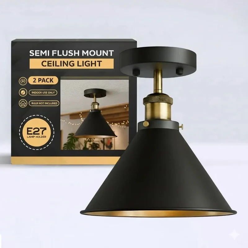 Industrie Deckenleuchte Schwarz Gold E27 | Retro Bartheke Lampe (1-3 Set)~4088