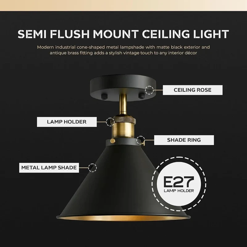 Industrie Deckenleuchte Schwarz Gold E27 | Retro Bartheke Lampe (1-3 Set)~4088