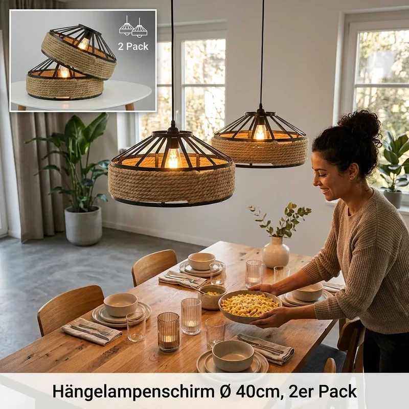 Ersatz-Lampenschirm Metall Hanfseil | E27 groß Schwarze Käfig-Pendelschirm~4086
