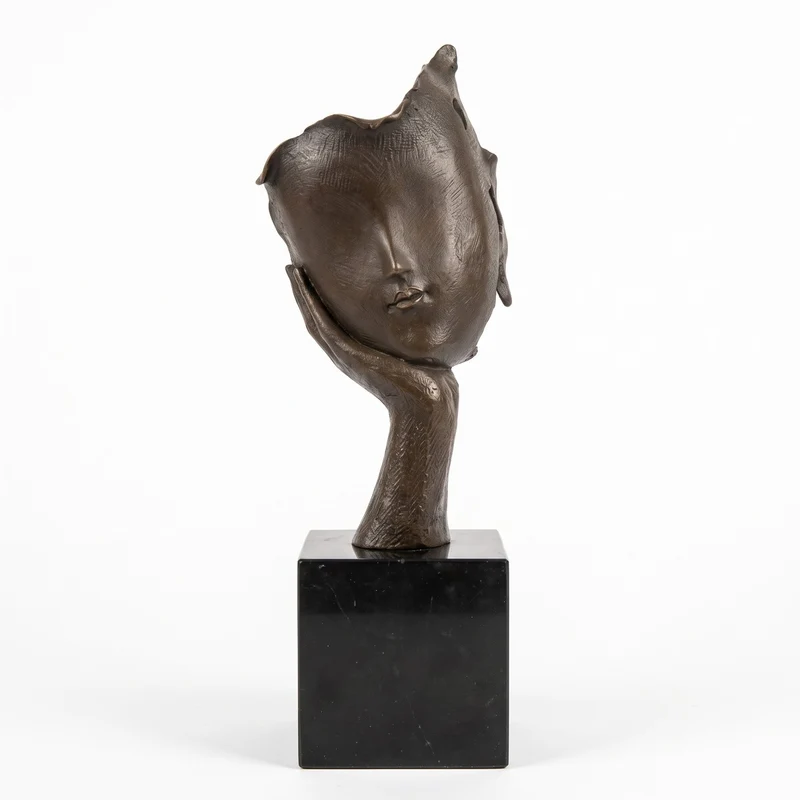 Casa Padrino Luxus Bronze Skulptur Gesicht in der Hand auf schwarzem Marmorsockel