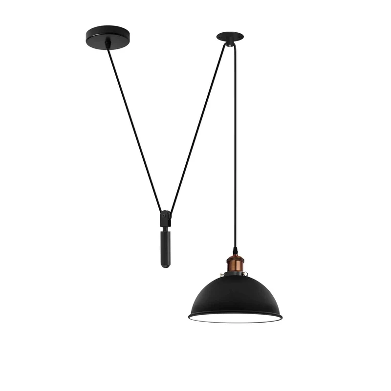 Höhenverstellbare Pendelleuchte – Vintage Seilzug Schwarze Hängelampe | Ø 21cm | E27 ~3961