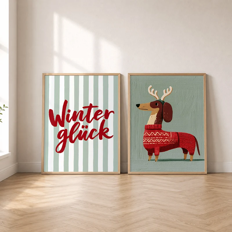 Winter Poster Set – Winterglück & Dackel im Pullover (2er)