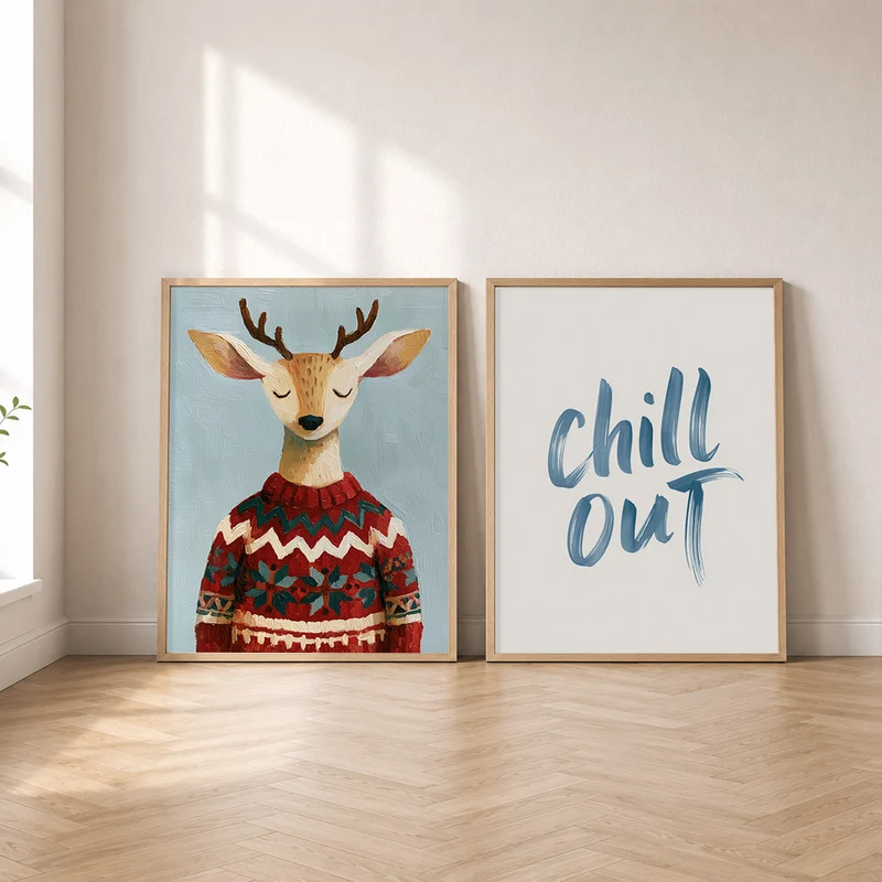 Winter Poster Set – Rentier im Pullover & Chill Out (2er)