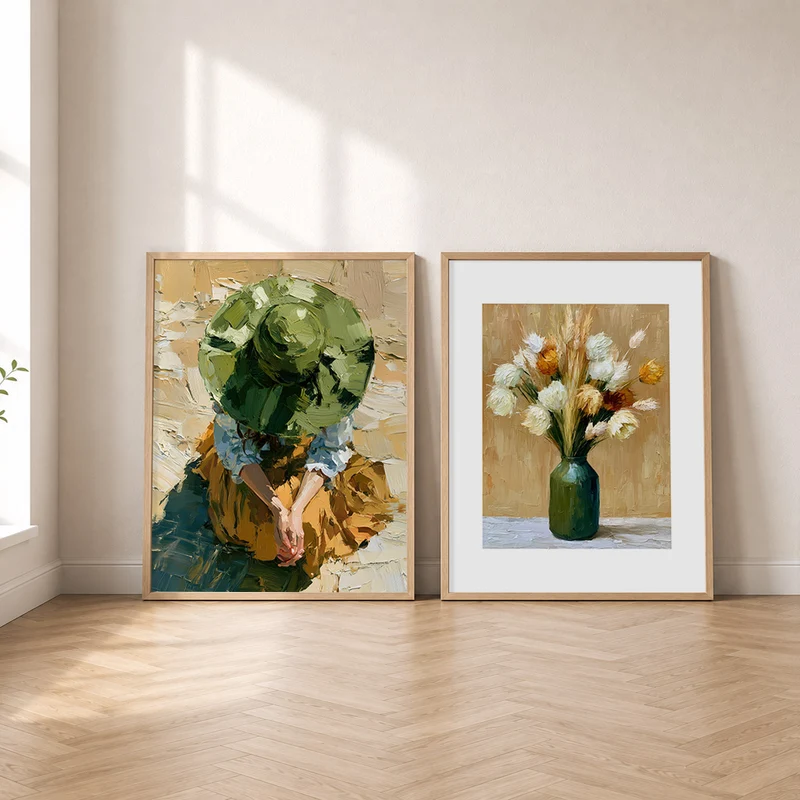 Ölgemälde Poster Set – Grün & Ocker (2er)