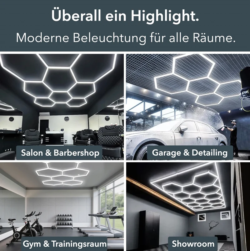 LED Hexagon Deckenleuchte 8-teilig | ideal für Garage, Werkstatt, Friseursalon