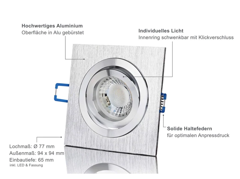 LED Einbaustrahler 230V - Alu gebürstet Eckig 5W GU10 LED - Designo