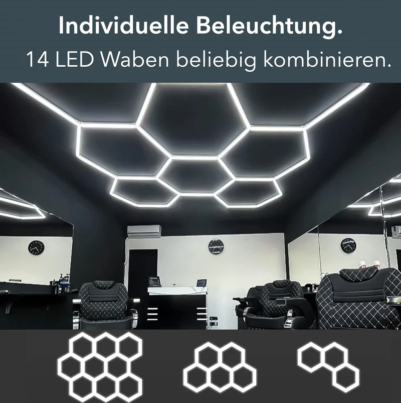 Hexagon LED-Deckenleuchte 14er Set mit LED Rahmen - für Garage, Werkstatt, Friseursalon