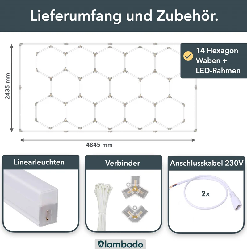 Hexagon LED-Deckenleuchte 14er Set mit LED Rahmen - für Garage, Werkstatt, Friseursalon