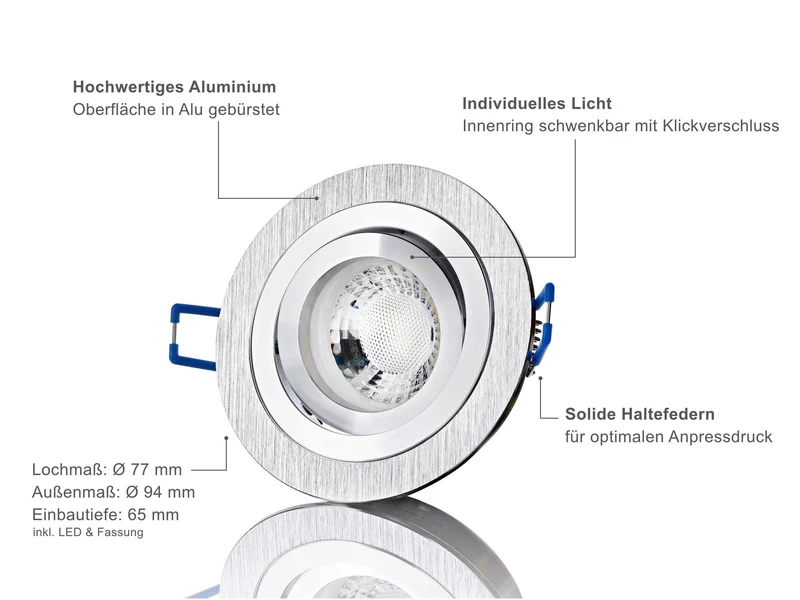 LED Einbaustrahler 230V - Alu gebürstet Rund 5W GU10 LED - Designo