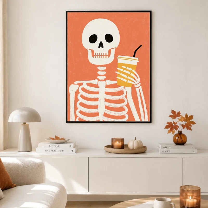 Skelett mit Kaffeebecher Poster