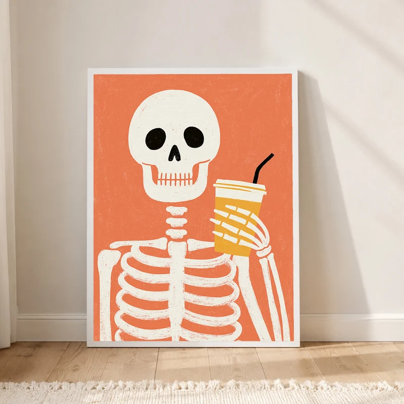 Skelett mit Kaffeebecher Poster
