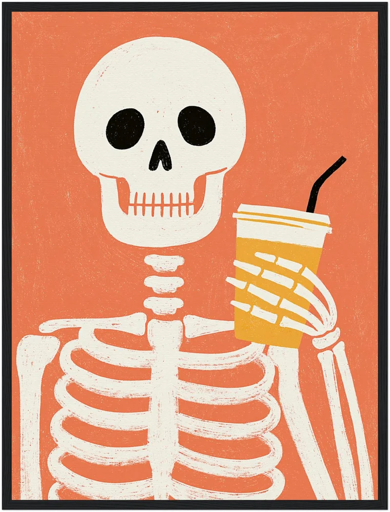 Skelett mit Kaffeebecher Poster