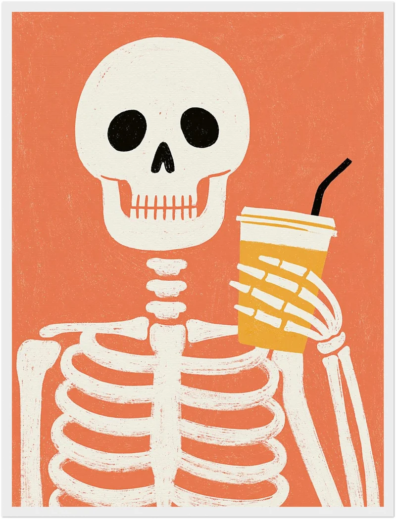 Skelett mit Kaffeebecher Poster