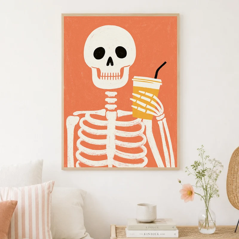 Skelett mit Kaffeebecher Poster