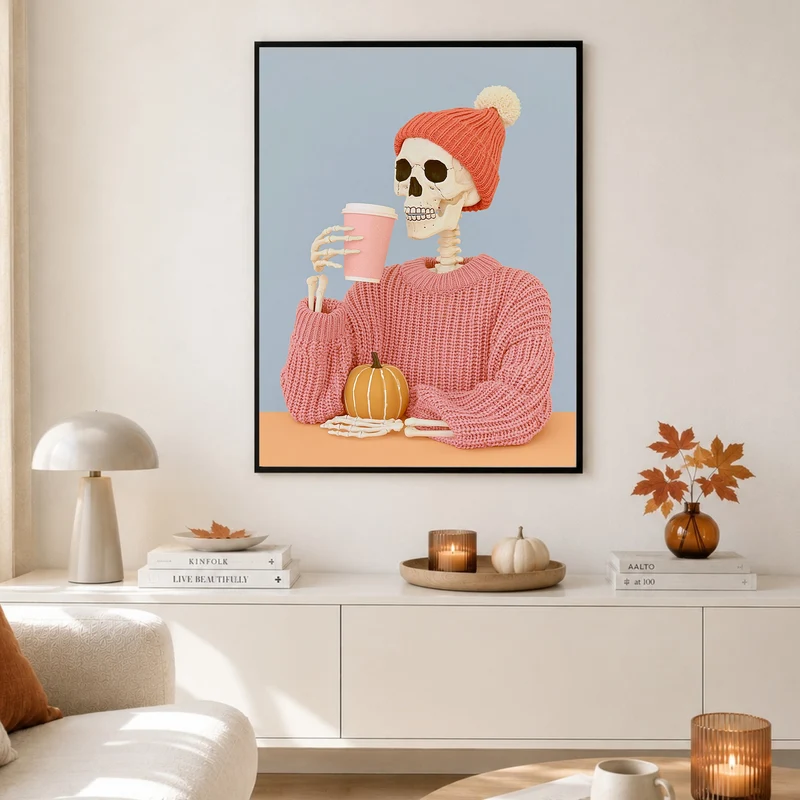 Skelett mit Herbst-Latte Poster