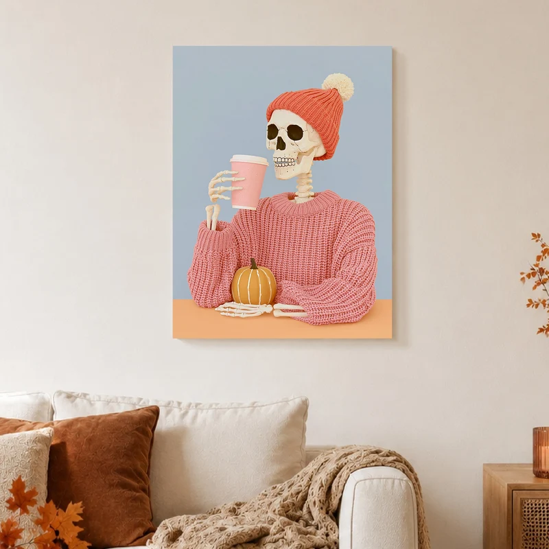 Skelett mit Herbst-Latte Poster