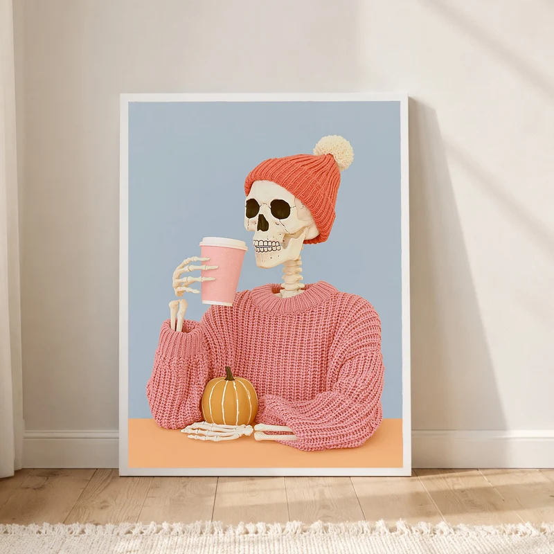 Skelett mit Herbst-Latte Poster
