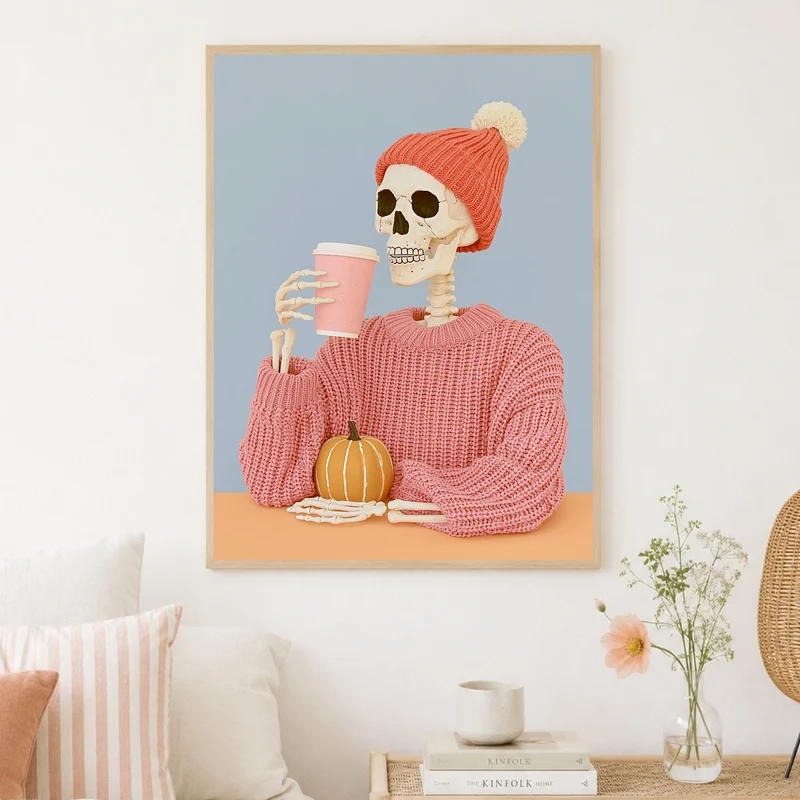 Skelett mit Herbst-Latte Poster