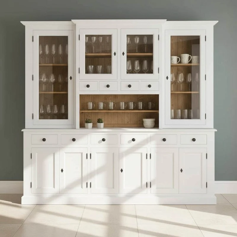 Großer Geschirrschrank aus Massivholz | Vitrine | 2-teilig | 9 Türen | 6 Schubladen