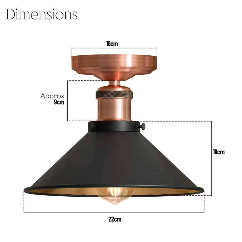 Unterputz Deckenleuchte Kupfer Schwarz – Industrie Trichterlampe | Ø 22cm | E27 ~3982