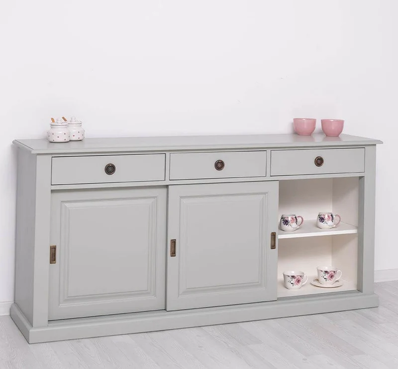 Großes Sideboard aus Massivholz mit 3 Schiebetüren und 3 Schubladen