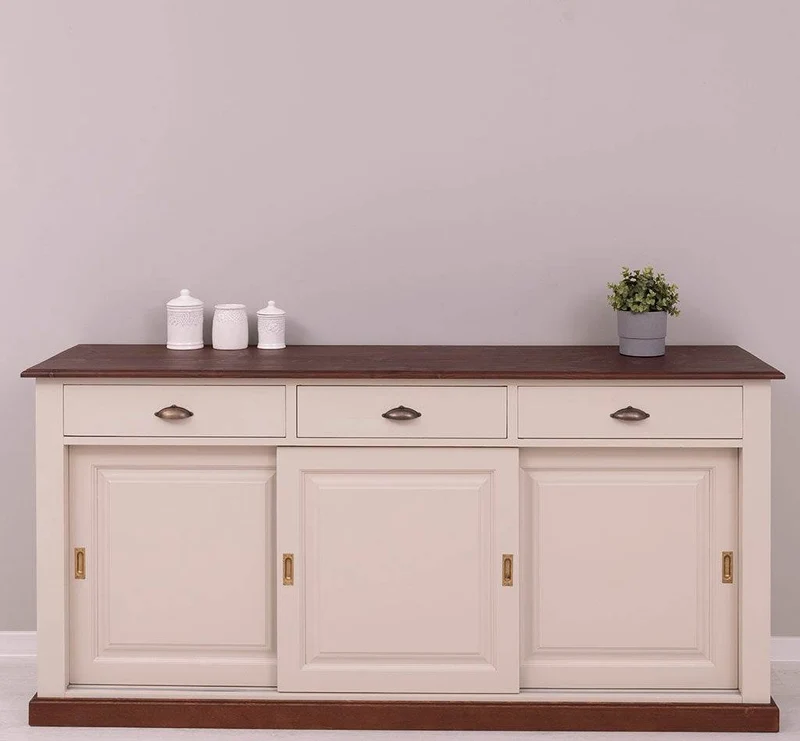 Großes Sideboard aus Massivholz mit 3 Schiebetüren und 3 Schubladen