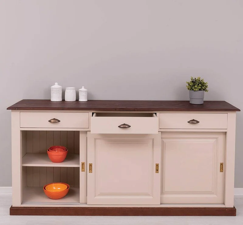 Großes Sideboard aus Massivholz mit 3 Schiebetüren und 3 Schubladen