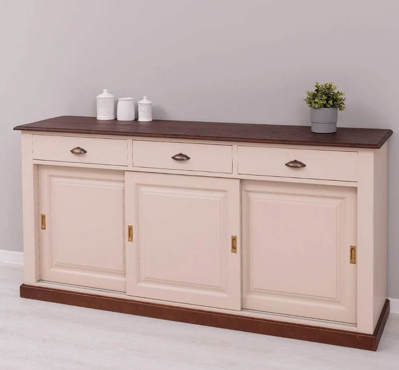 Großes Sideboard aus Massivholz mit 3 Schiebetüren und 3 Schubladen