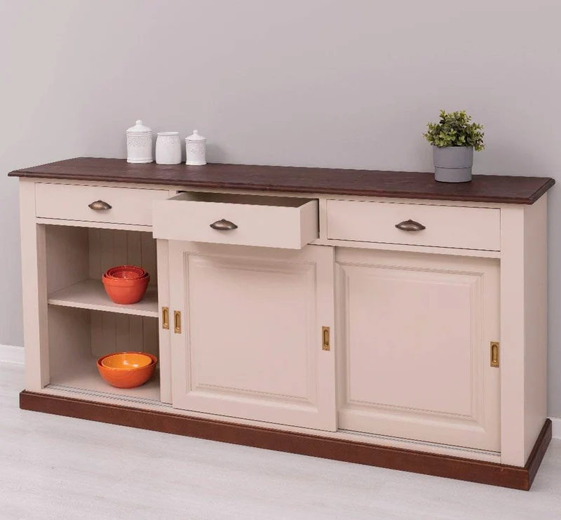 Großes Sideboard aus Massivholz mit 3 Schiebetüren und 3 Schubladen
