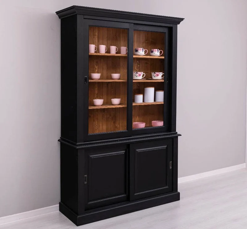 Massivholz- Geschirrschrank mit Schiebetüren und 2 Schubladen | Vitrine