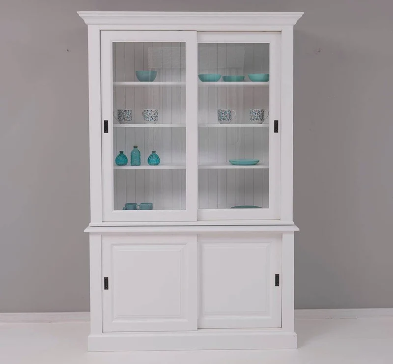 Massivholz- Geschirrschrank mit Schiebetüren und 2 Schubladen | Vitrine