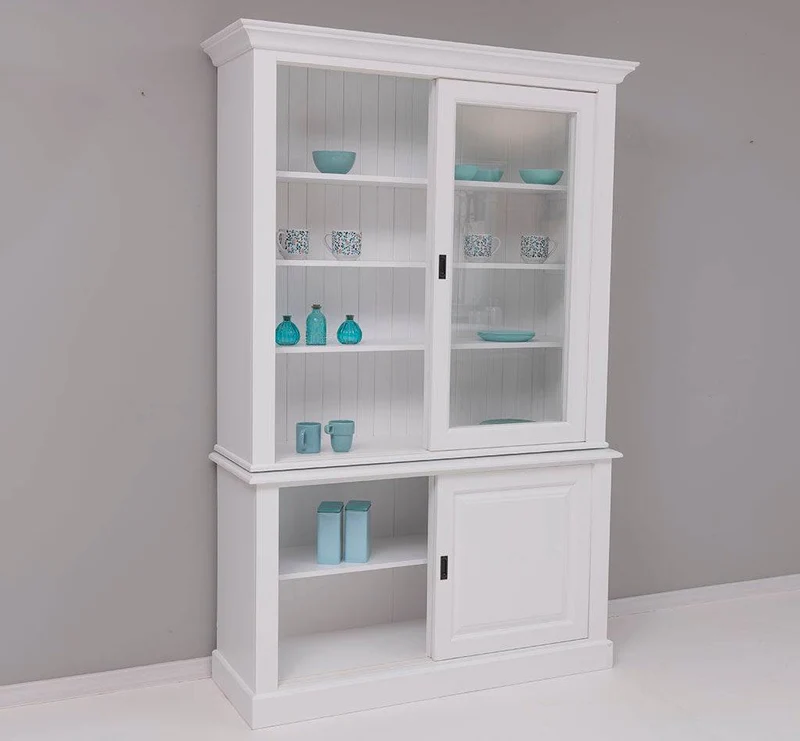 Massivholz- Geschirrschrank mit Schiebetüren und 2 Schubladen | Vitrine