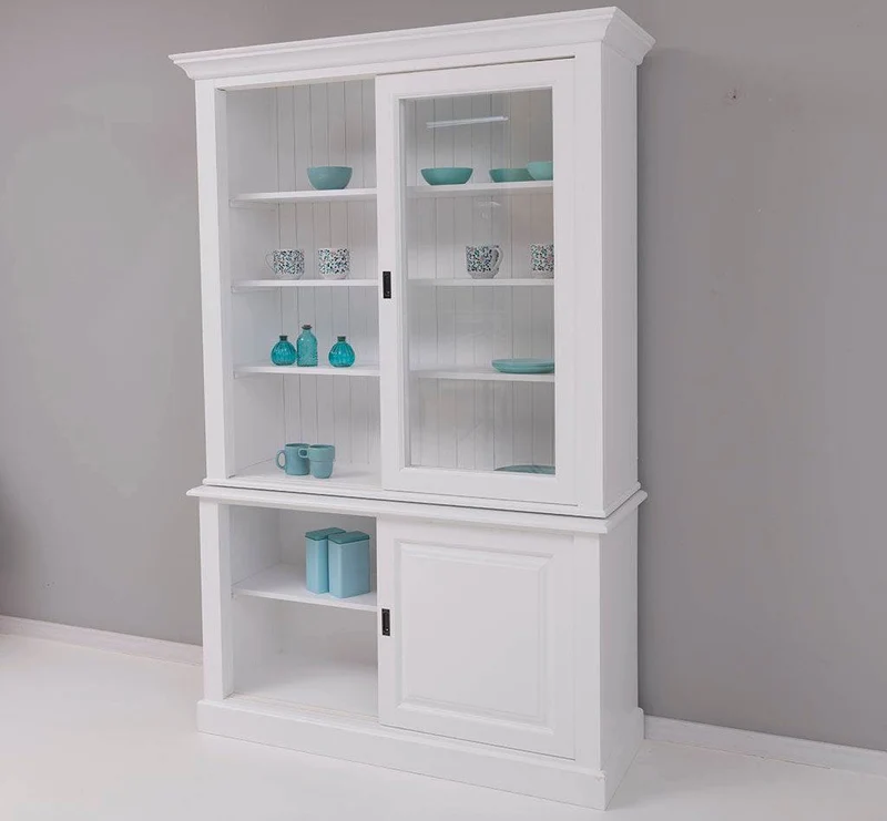 Massivholz- Geschirrschrank mit Schiebetüren und 2 Schubladen | Vitrine