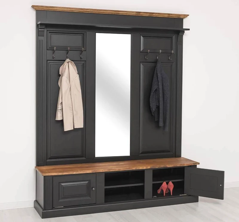 Große Garderobe aus Massivholz mit Kleiderhaken, Spiegel, Hutablage und Bank- Holzkontrast