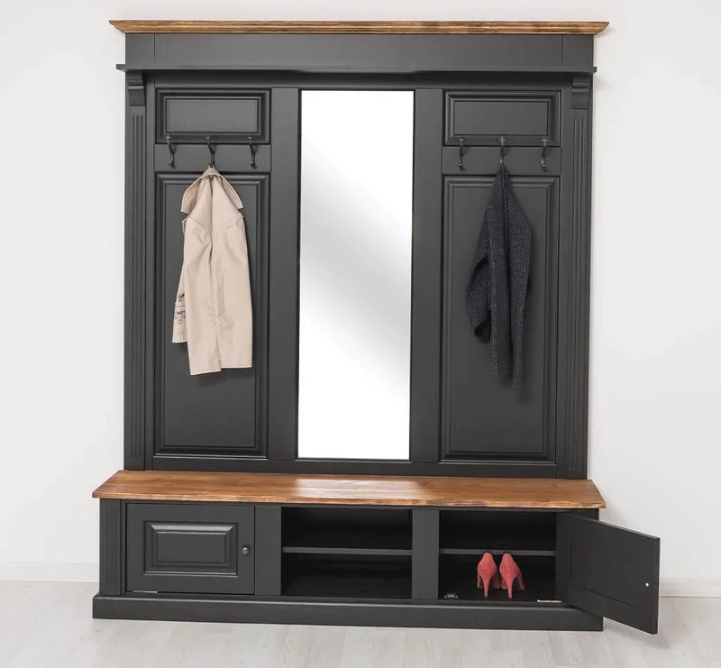 Große Garderobe aus Massivholz mit Kleiderhaken, Spiegel, Hutablage und Bank- Holzkontrast