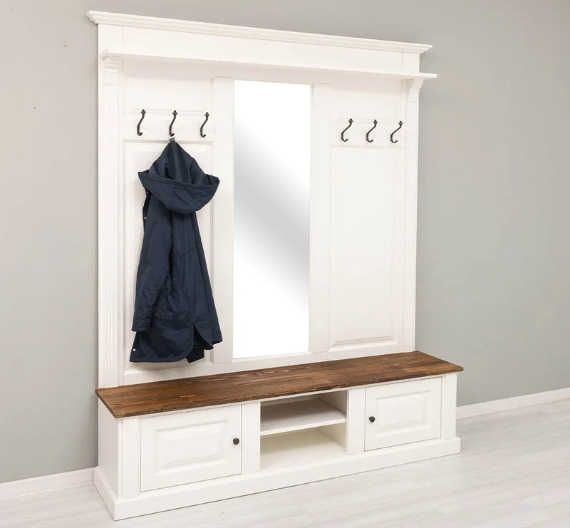 Große Garderobe aus Massivholz mit Kleiderhaken, Spiegel, Hutablage und Bank- Holzkontrast