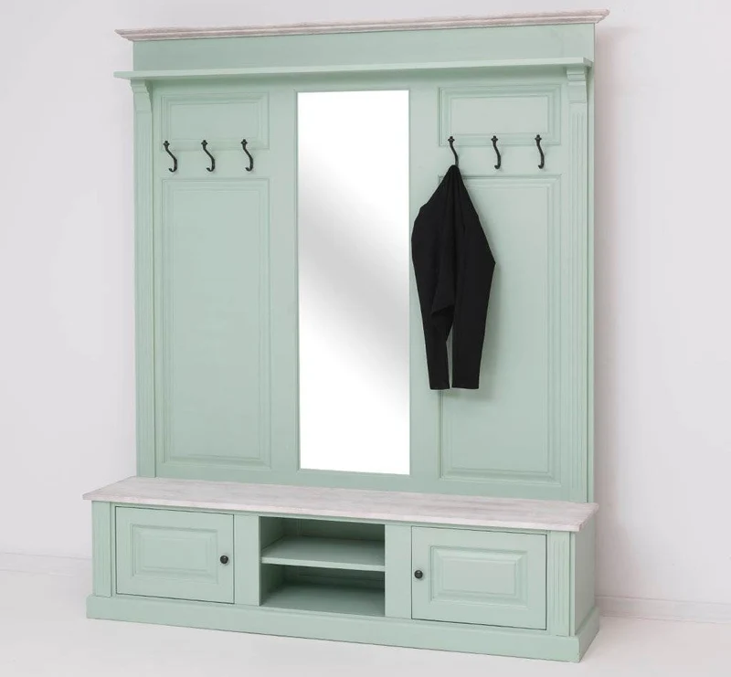 Große Garderobe aus Massivholz mit Kleiderhaken, Spiegel, Hutablage und Bank- Holzkontrast