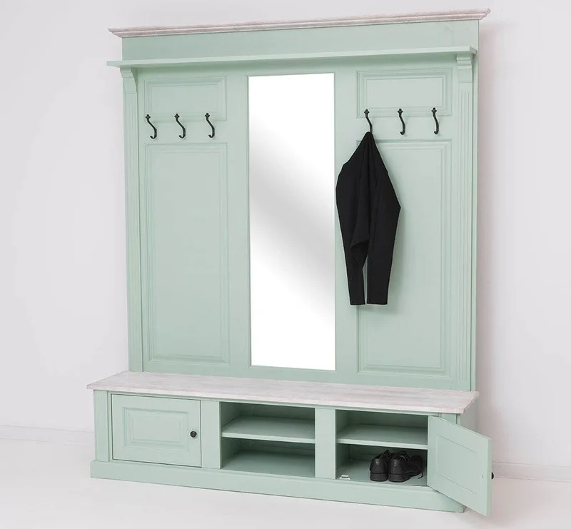 Große Garderobe aus Massivholz mit Kleiderhaken, Spiegel, Hutablage und Bank- Holzkontrast