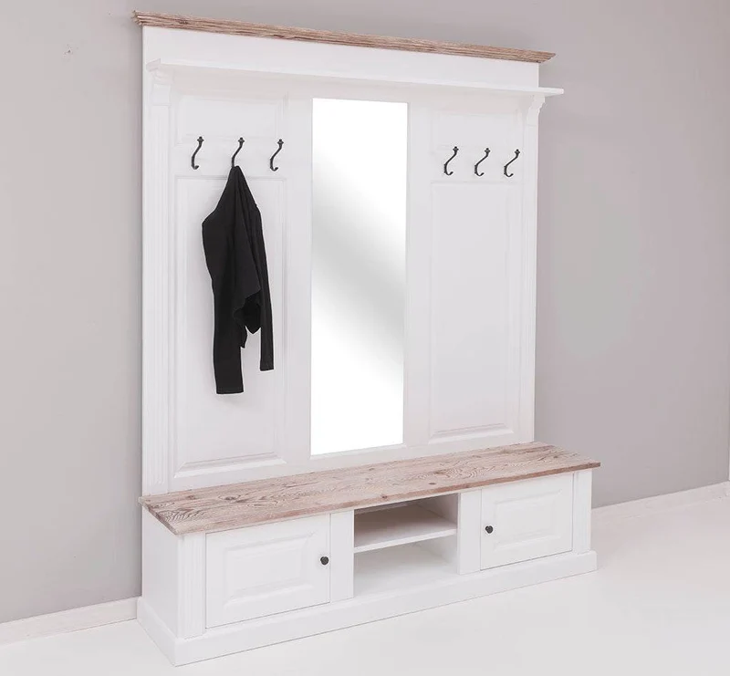 Große Garderobe aus Massivholz mit Kleiderhaken, Spiegel, Hutablage und Bank- Holzkontrast