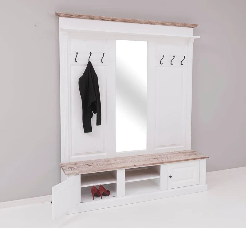 Große Garderobe aus Massivholz mit Kleiderhaken, Spiegel, Hutablage und Bank- Holzkontrast
