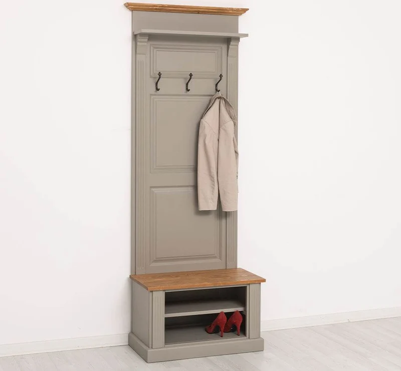 Schmale Garderobe aus Massivholz mit Ablage und 3 Haken
