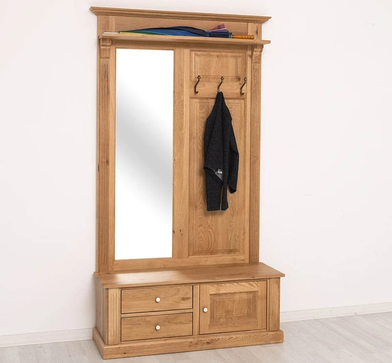 Garderobe aus massiver Eiche mit Spiegel und Staufächern