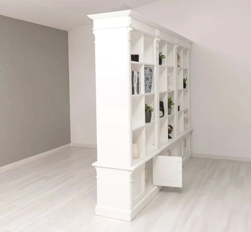 Raumteiler aus Massivholz mit 12 Türen - Bücherregal mit Durchreiche III