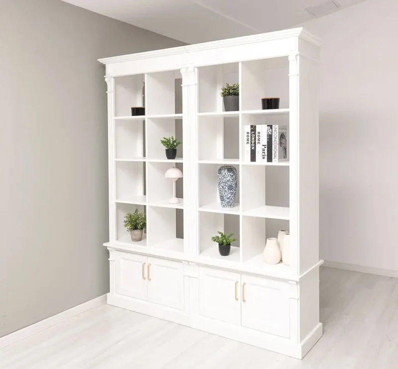Raumteiler aus Massivholz mit acht Türen - Bücherregal mit Durchreiche II