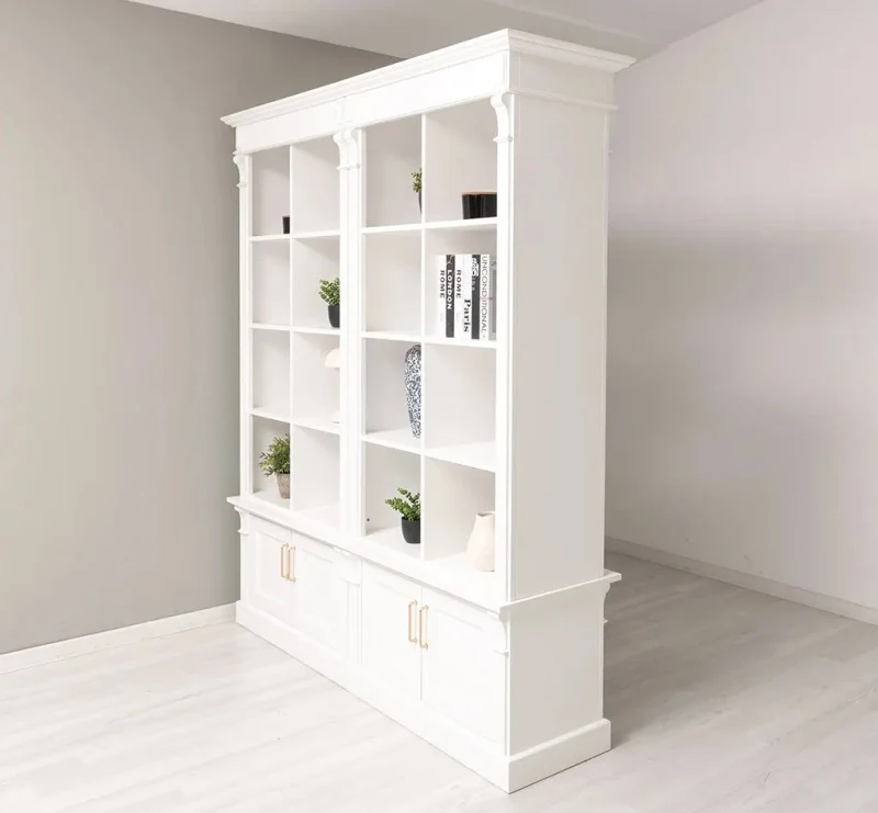 Raumteiler aus Massivholz mit acht Türen - Bücherregal mit Durchreiche II