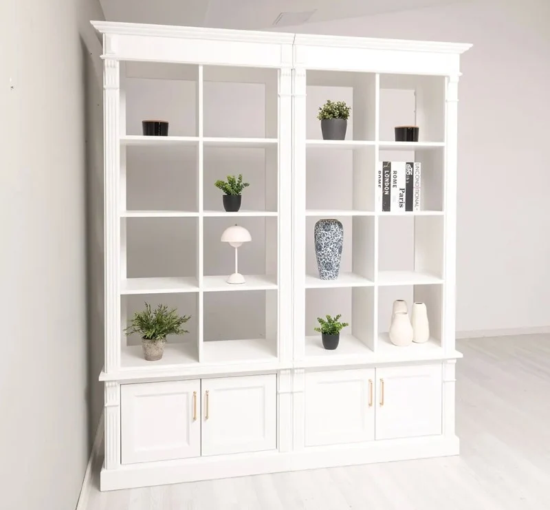 Raumteiler aus Massivholz mit acht Türen - Bücherregal mit Durchreiche II