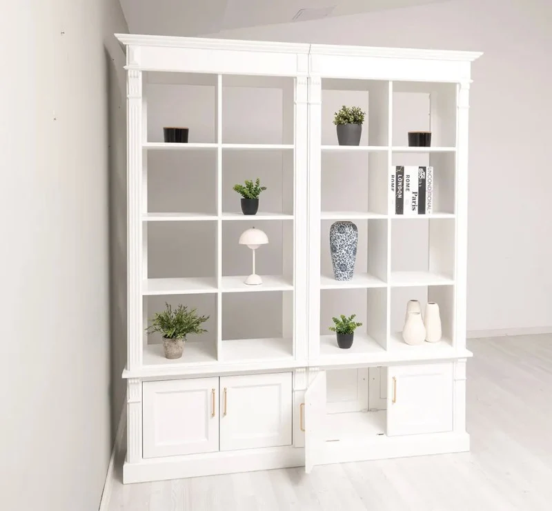 Raumteiler aus Massivholz mit acht Türen - Bücherregal mit Durchreiche II