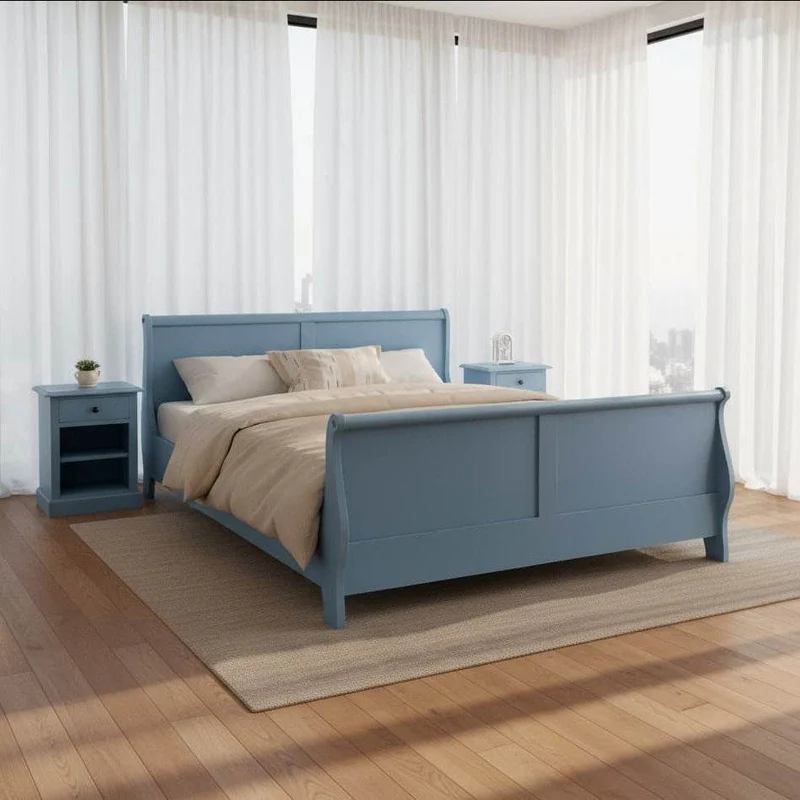 Schlafzimmer Set - Stauraumbett aus Massivholz mit geschwungenem Kopf- und Fußteil und zwei Nachttischen