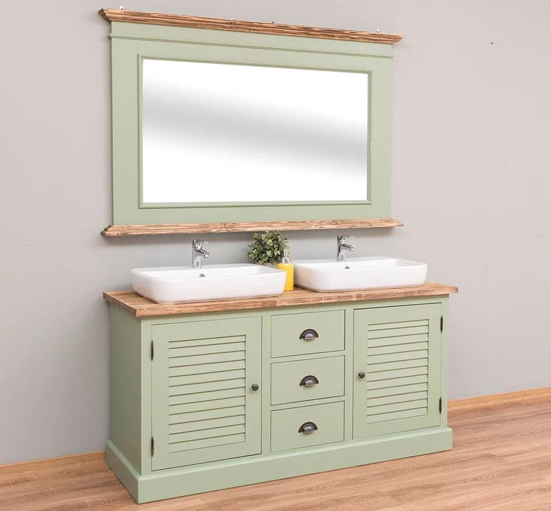 Badezimmerset - Doppelwaschtisch mit großem Spiegel aus Massivholz